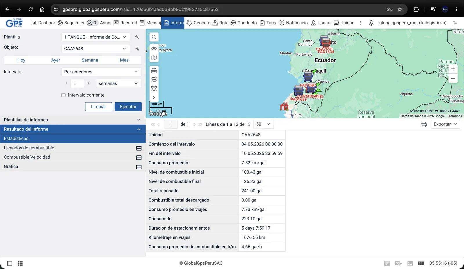 Configurar informe de combustible